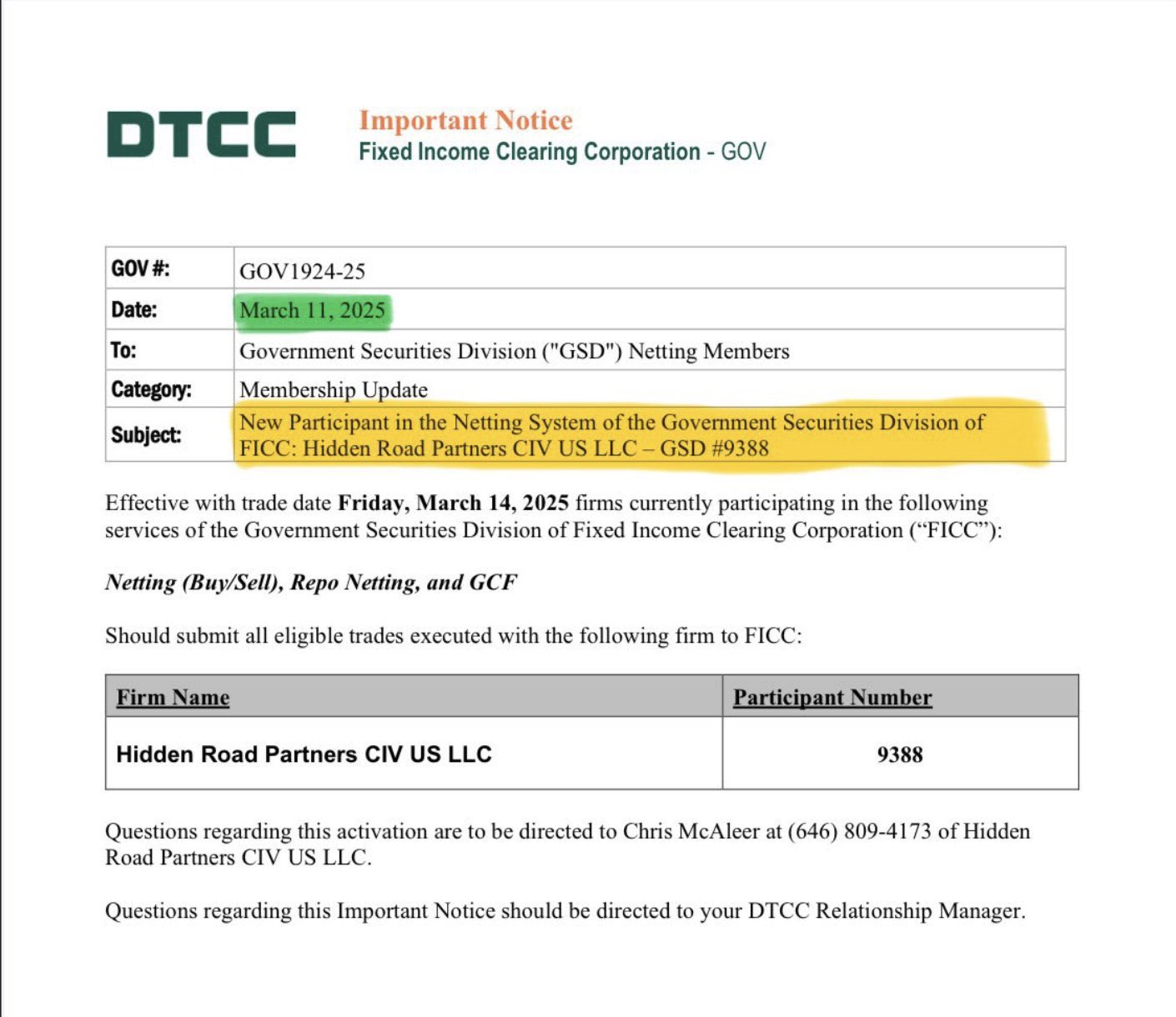 DTCC FICC Important Notice GOV1924-25 — Hidden Road Partners CIV US LLC GSD #9388